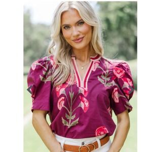 Entro Wine Floral Block Print Puff Sleeve V-Neck Cotton Top Plum Pink